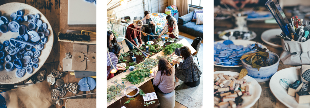 Three photos side by side. The first one shows a bowl filled with blue hand-made sculptures. The second one is a wreath-making workshop with women working and laughing. The third one is a table covered in crafting supplies.