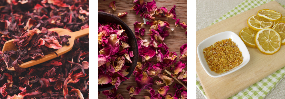 The ingredients for the Date With Yourself recipe: hibiscus, rose petals and lemon peel.