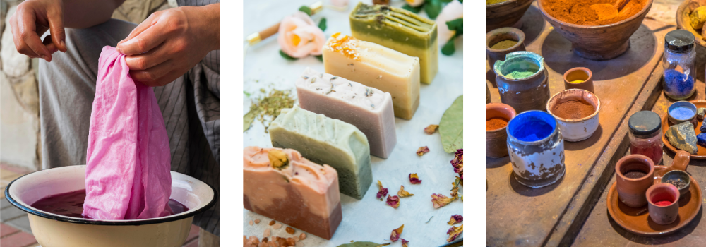 Some ideas of how to use natural pigments. Textile dying, soap making and pottery.