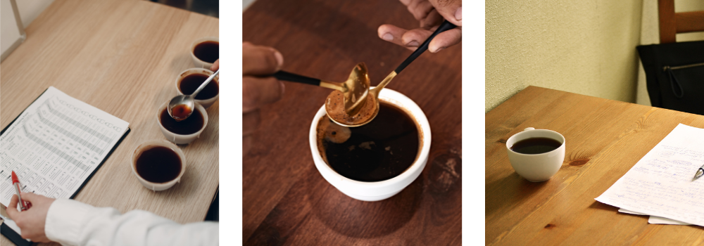Three images representing learning about home coffee roasting. Taking notes and tasting, using a taster spoon.