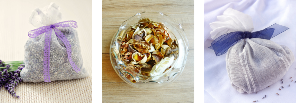 Two images of potpourri in bags and one image of potpourri in a bowl.