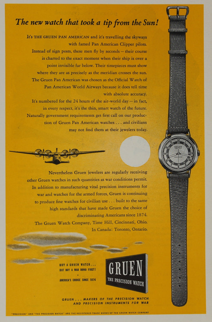 advertisement in a magazine for Gruen's Pan American Watch