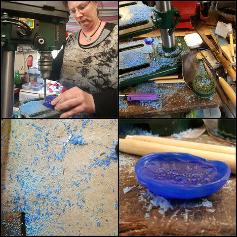 Charlotte Tabor wax carving making a bowl out of ferris blue wax.  A picture of 4 photos showing the use of pillar to get the texture and the mess