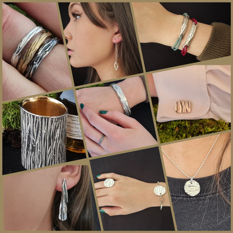 Collage of tree bark jewellery by Kara Jewellery including bangles, rings and necklaces