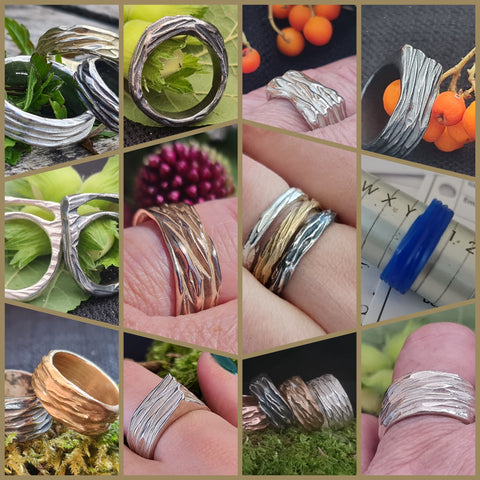 Collection of different woodland rings by Kara Jewellery with tree bark texture