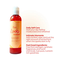 Loob Arousal lubricant next to a list of use cases, promoting self-care, intimacy, and safe, natural ingredients.