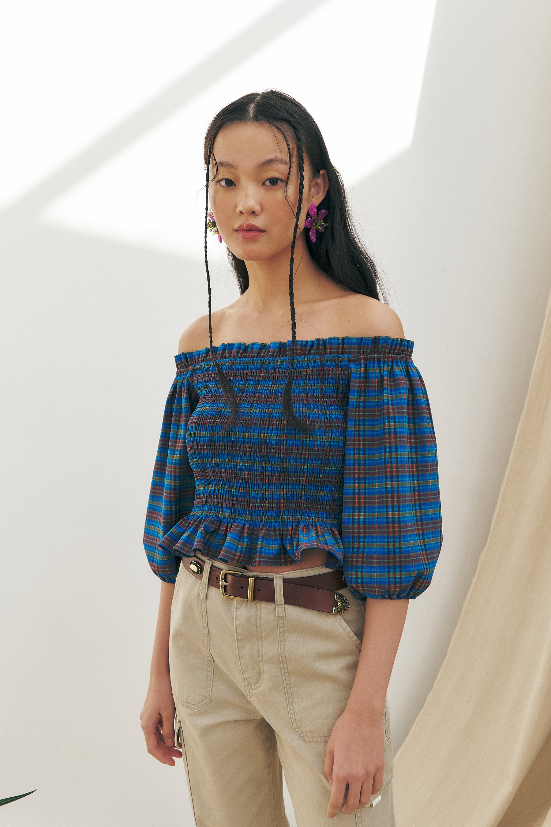 Smocked checked Off-the-Shoulder Blouse, Blue Check