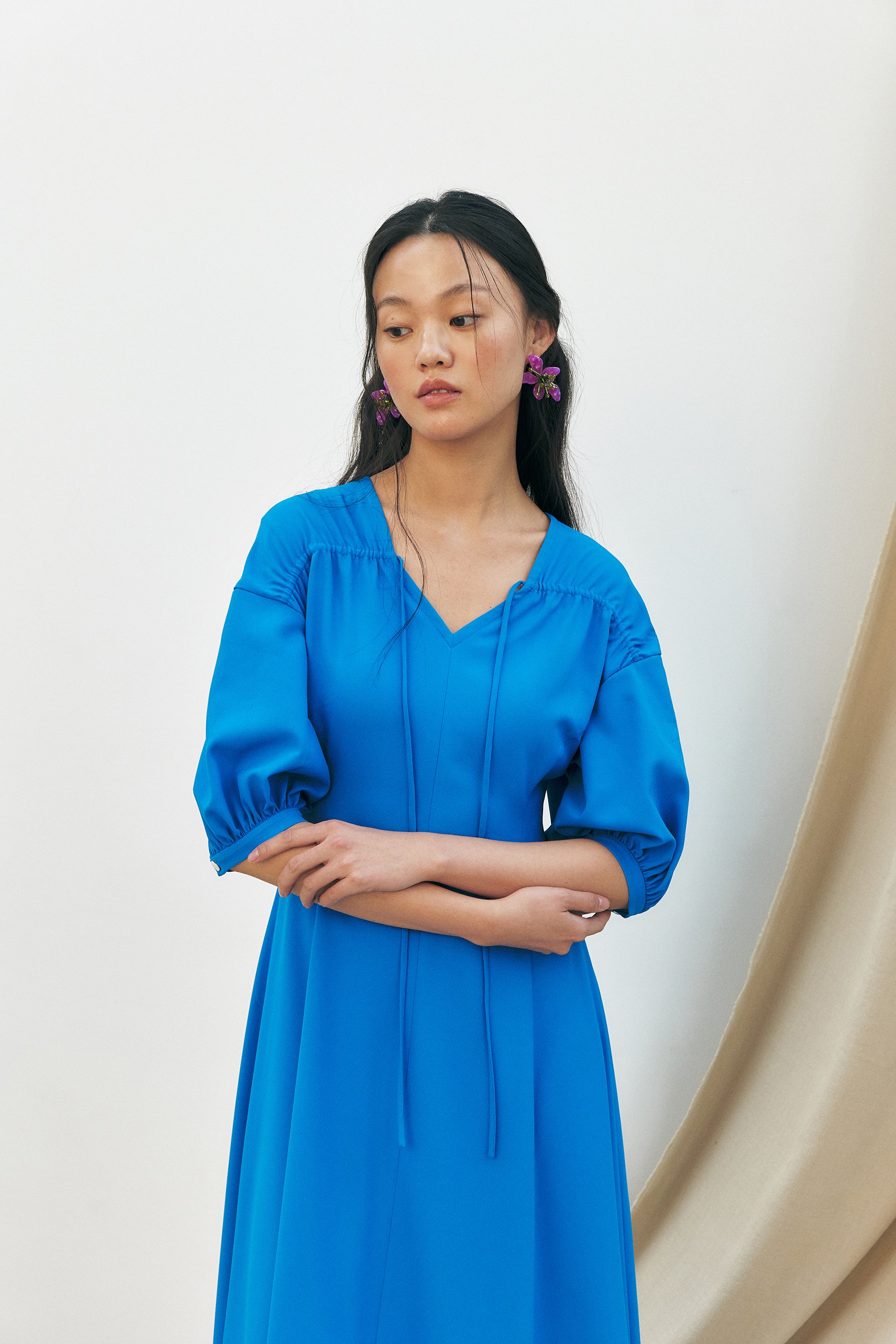 Balloon Sleeve Satin Shirring Dress, Blue