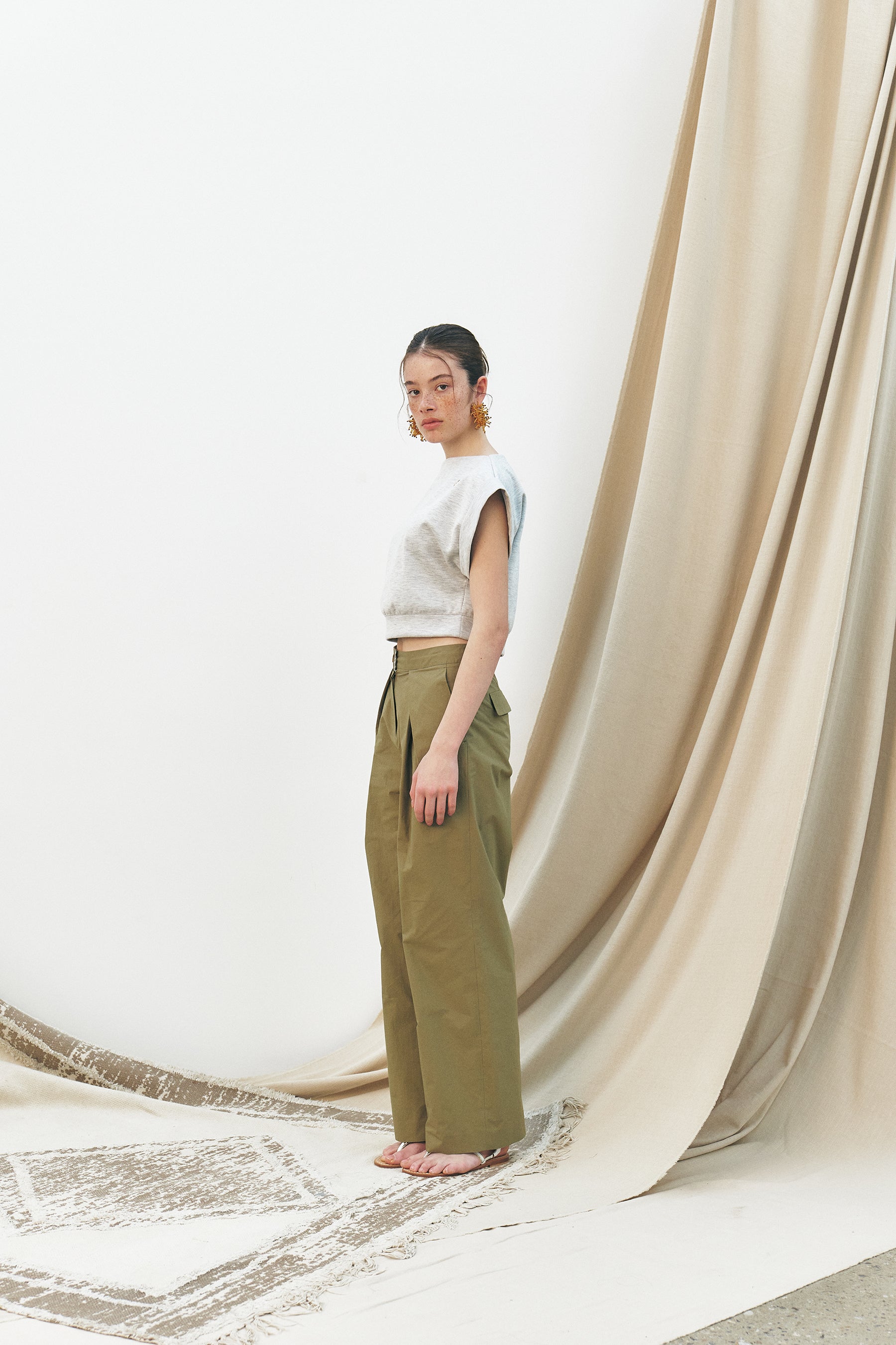 Cross Pleated Cotton Pants, Khaki