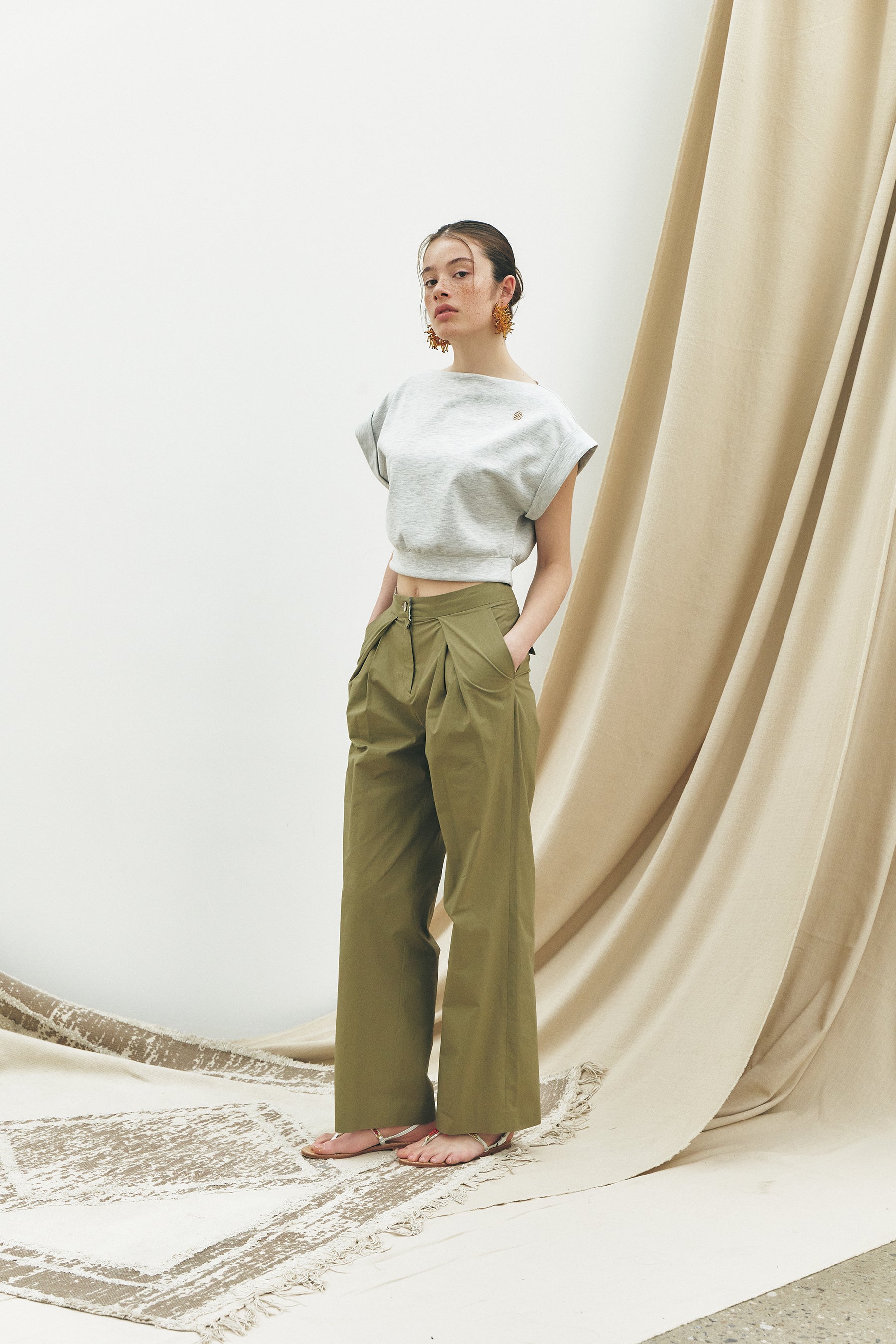 Cross Pleated Cotton Pants, Khaki