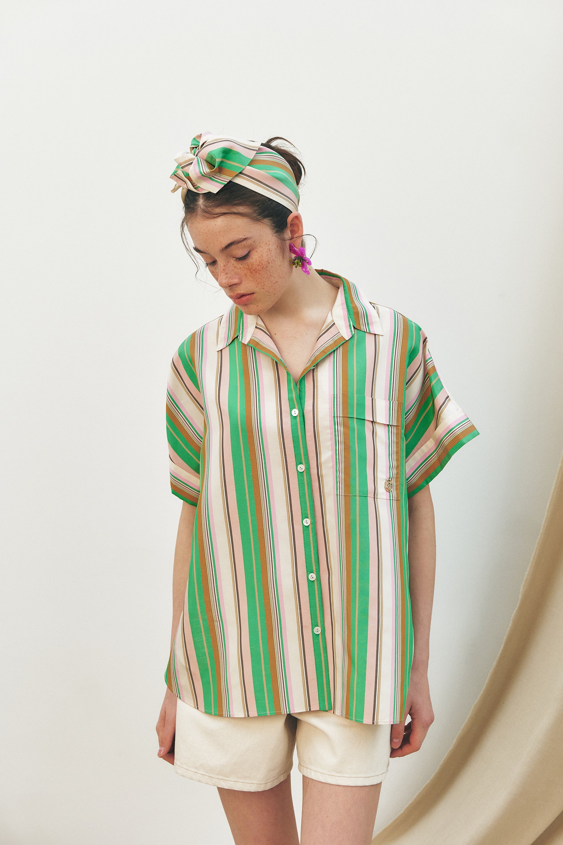 Oversized Rolled Up Half-Sleeved Shirt, Multi Stripe