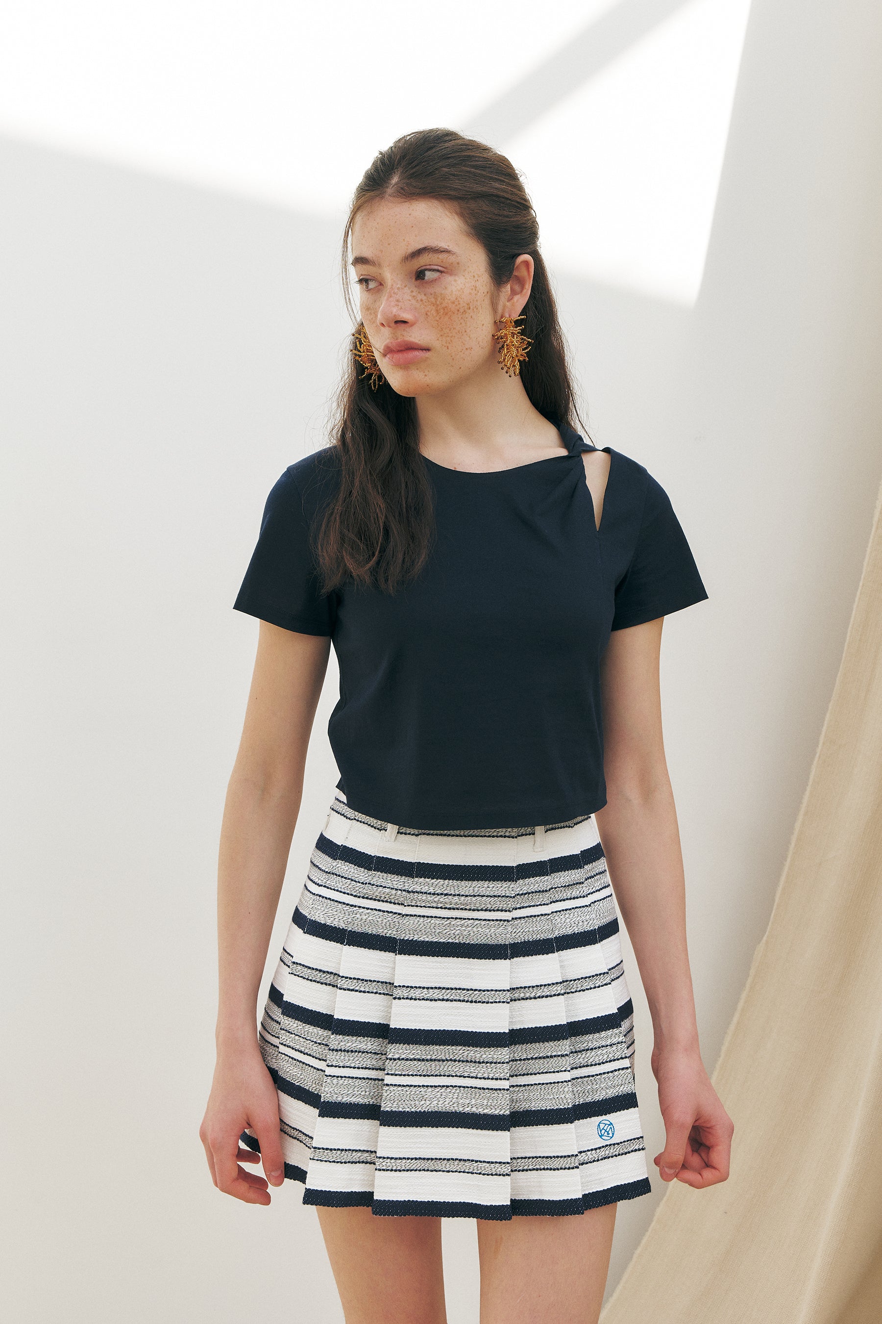 Striped Cotton Jacquard Pleated Skirt, Navy Stripe