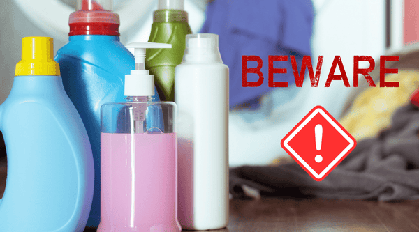 Image of unlabeled fabric softener, hand soap, and other cosmetics that may be dangerous to those with eczema. 