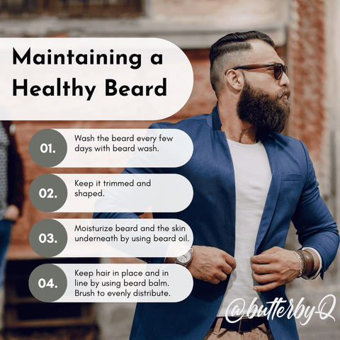 Infographic on four simple and natural steps for caring for a beard and driving healthy beard growth. 