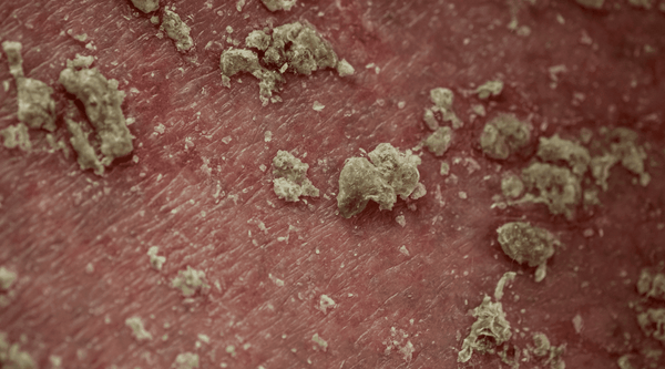 Up close image of yellow flakes on skin from seborrheic dermatitis
