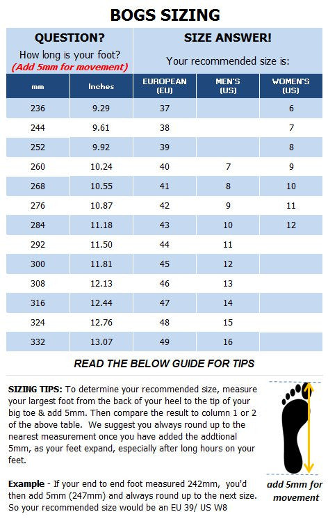 Bogs Footwear Size Chart