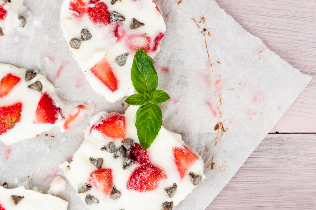 Image of dried yogurt bark with strawberries, blueberries, and chocolate