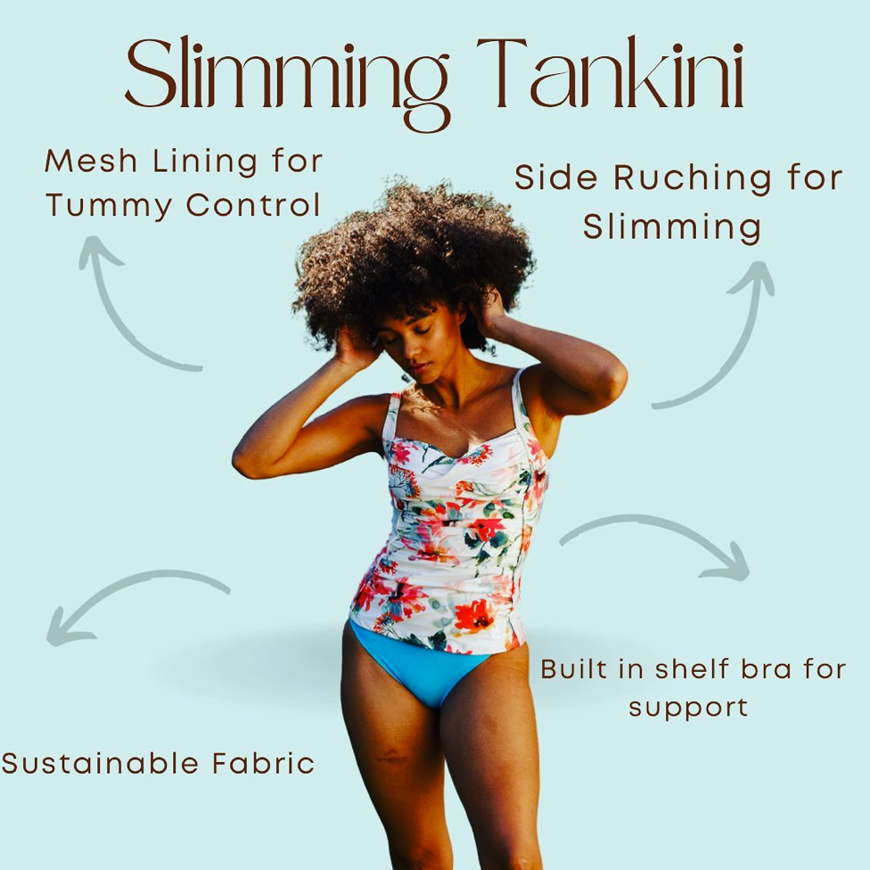 Product feature image with text showcasing the Slimming Tankini Top features