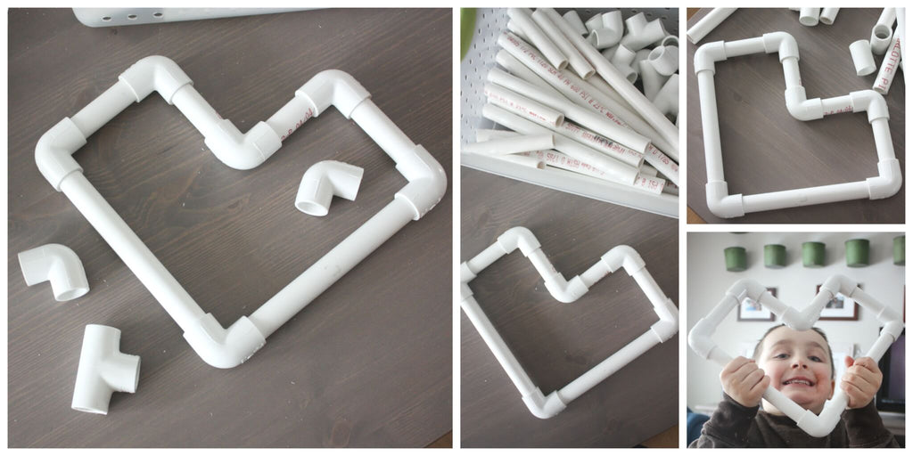 Collage of photos showing PVC pipes connected into shapes with kids