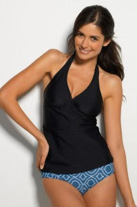 Woman Wearing Hapari Black V-Neck Tankini Top 