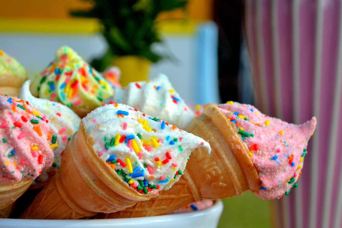 colorful ice cream cones with sprinkles
