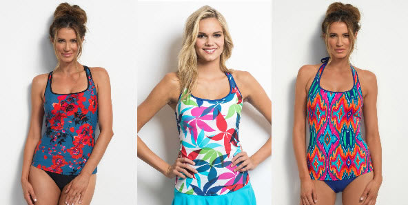 Women Posing Wearing Hapari Underwire Sport Tankini Top in Oriental Poppies, Pinwheels and Ikat Prints