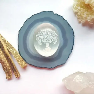 Etched Selenite Palmstone ~ Tree of Life - Zahra LLC