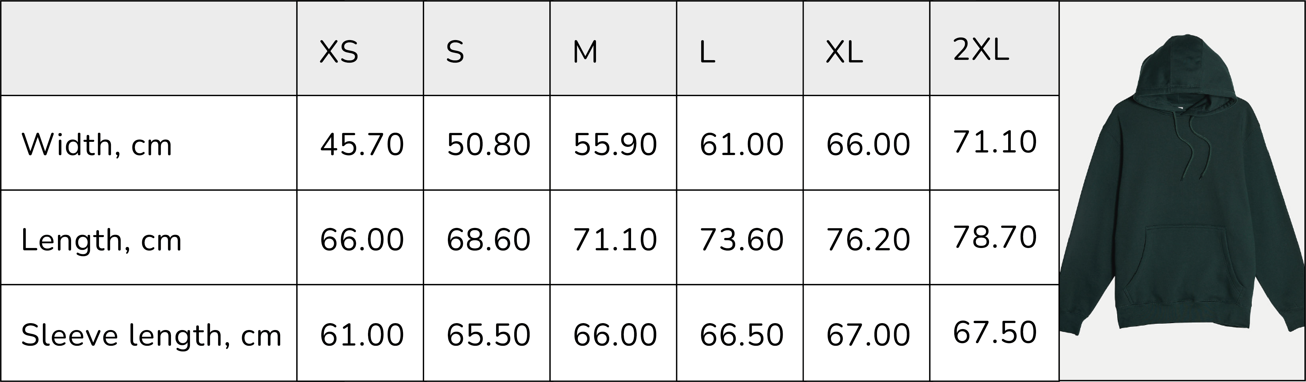 sizing hoodies metric