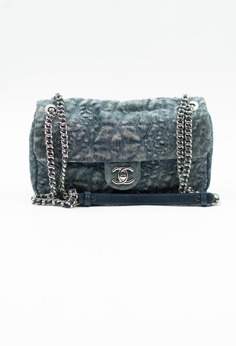 chanel denim camellia flap bag