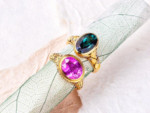 Pink and green gemstone rings