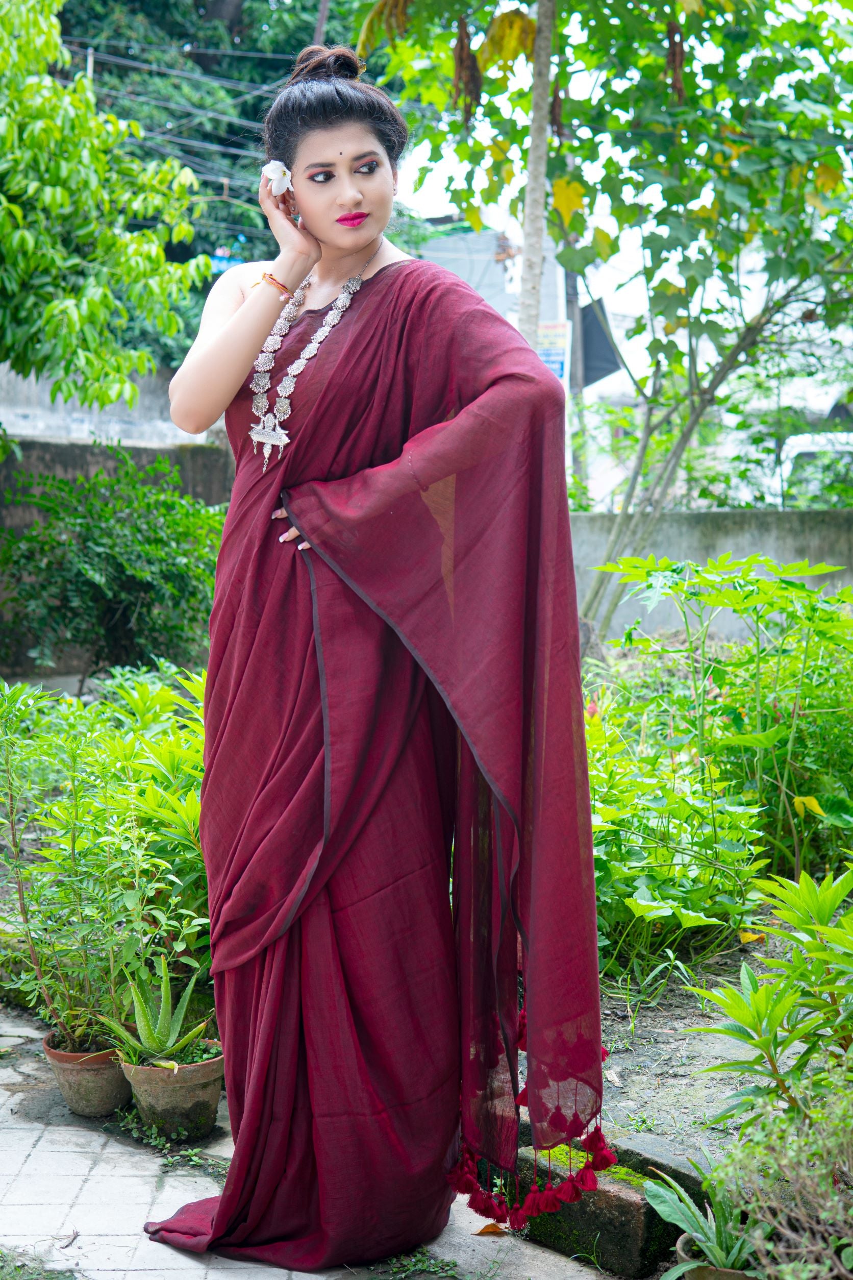 Dark Scarlet Colour Satin Saree | Meena Bazaar Products