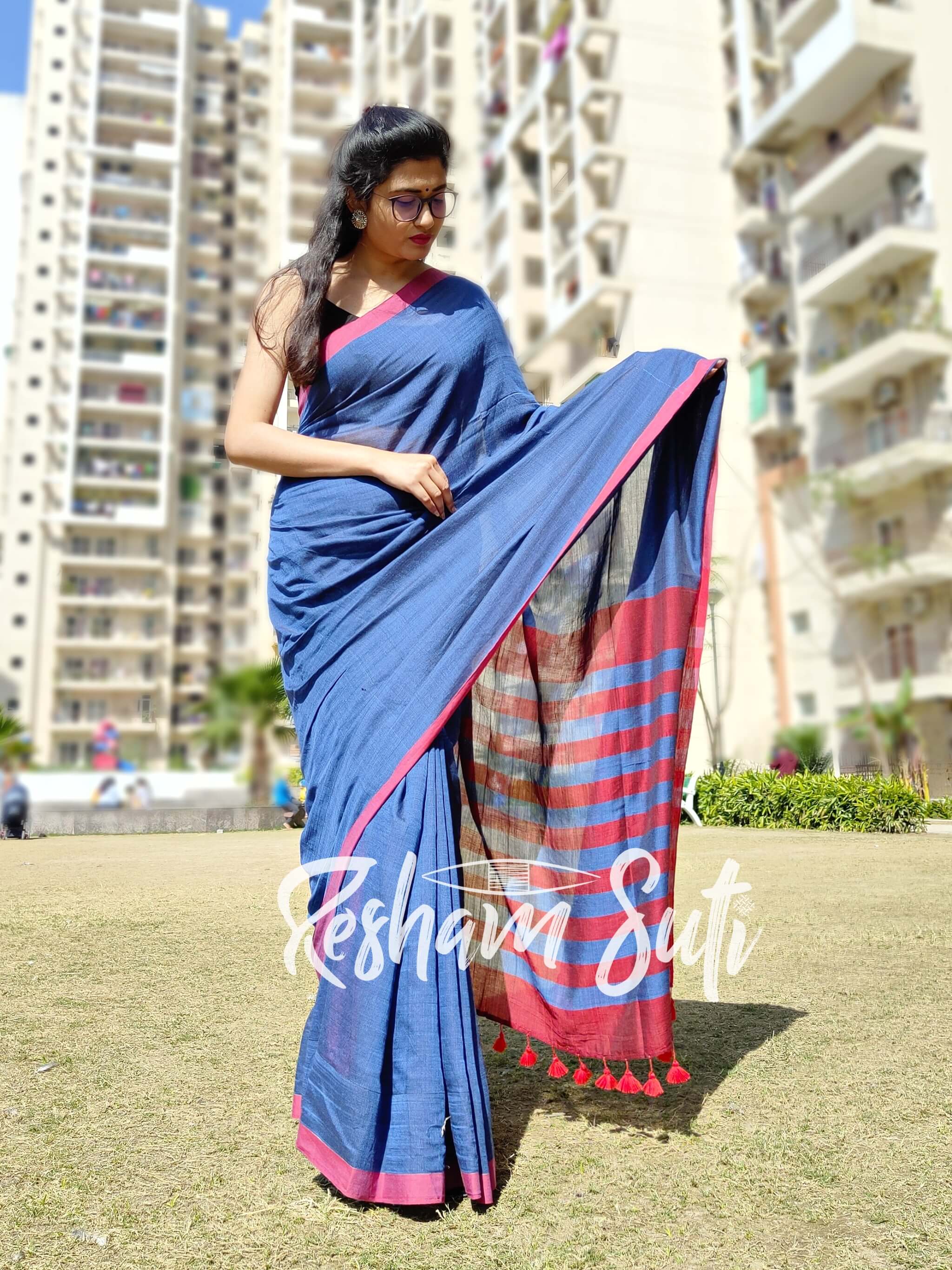 Thistle and sky blue maheshwari silk cotton saree