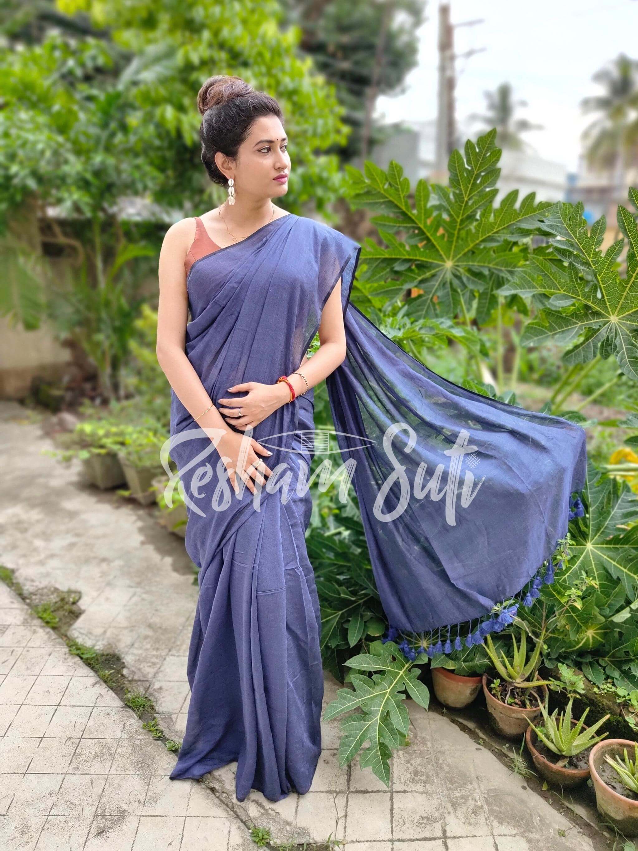 Pure mysore silk saree cs blue with plain body and floral design zari –  Cherrypick