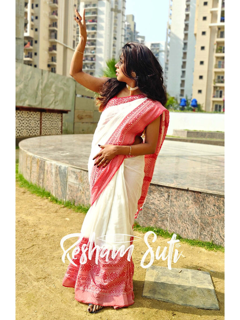 Buy Begampuri Cotton Red White Saree - Sajda – Resham Suti