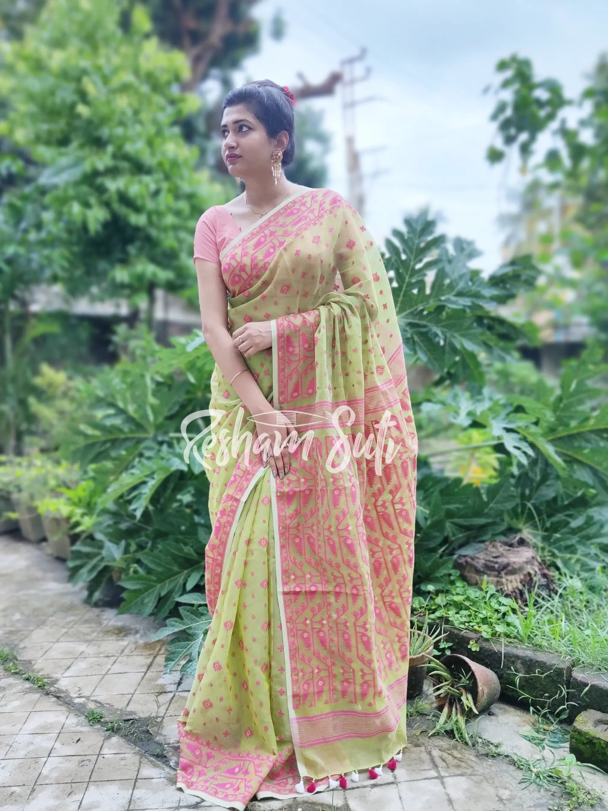 Soft Embossed Kora Muslin Cotton Saree: Neon Green, Pink