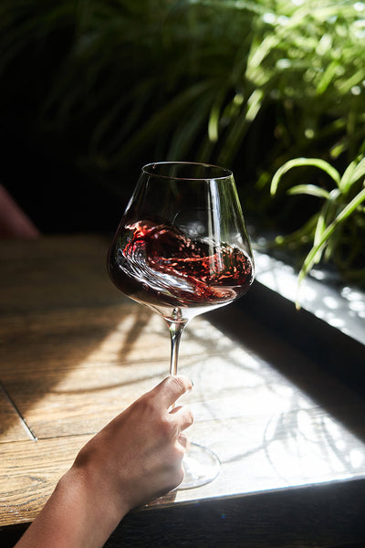 Woman's hand waving glass of Pinot Noir red wine at sunlit table