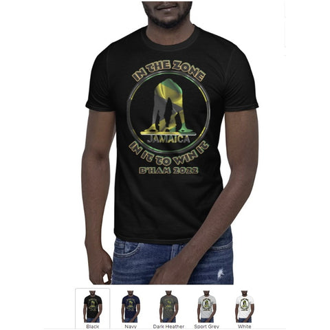 Nev custom wear| Man wearing black t-shirt with image and coloured writing - In the zone - In it to win it - Jamaica