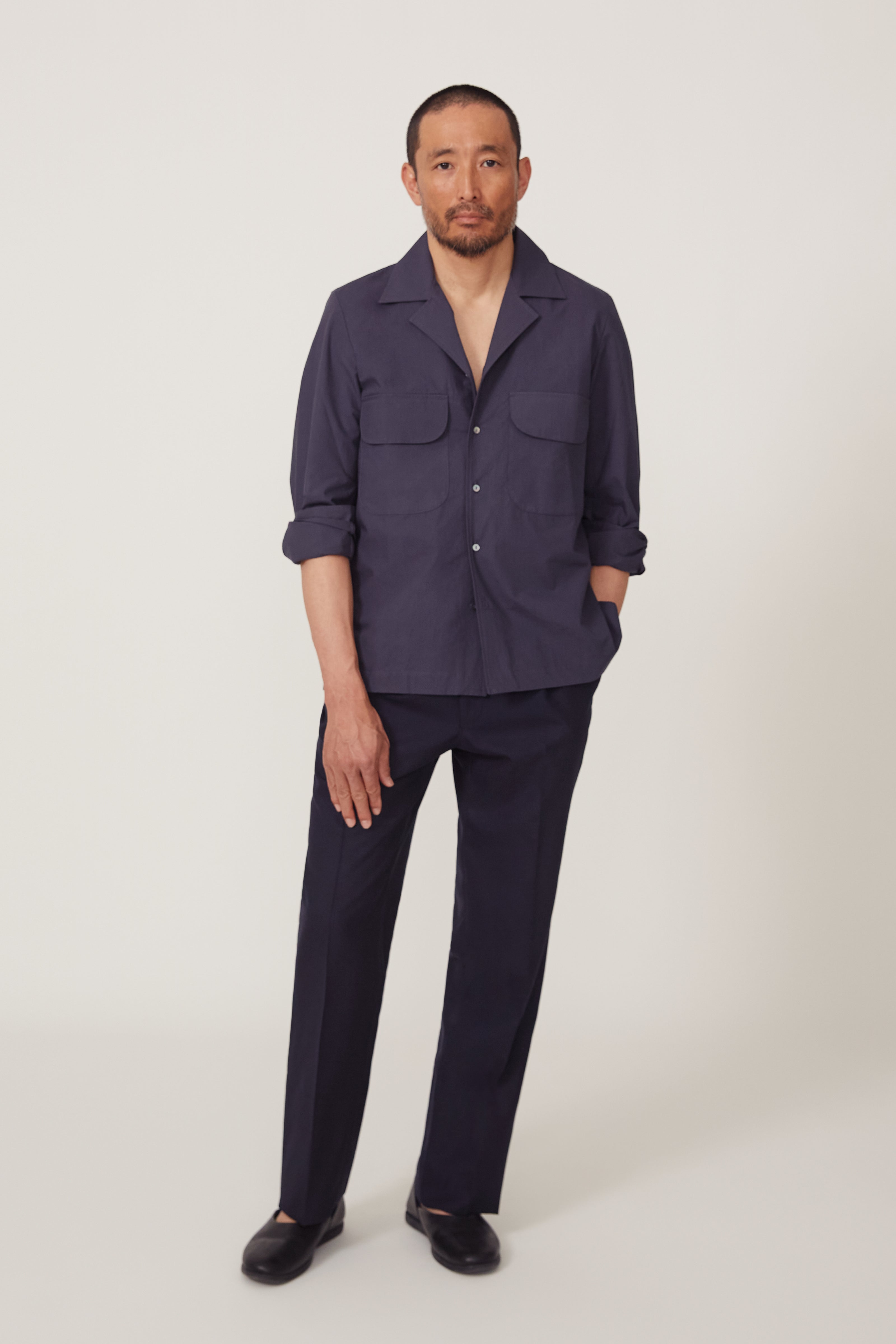 Long Sleeve Camp Shirt (Dark Indigo Cotton Poplin) - Stoffa product image