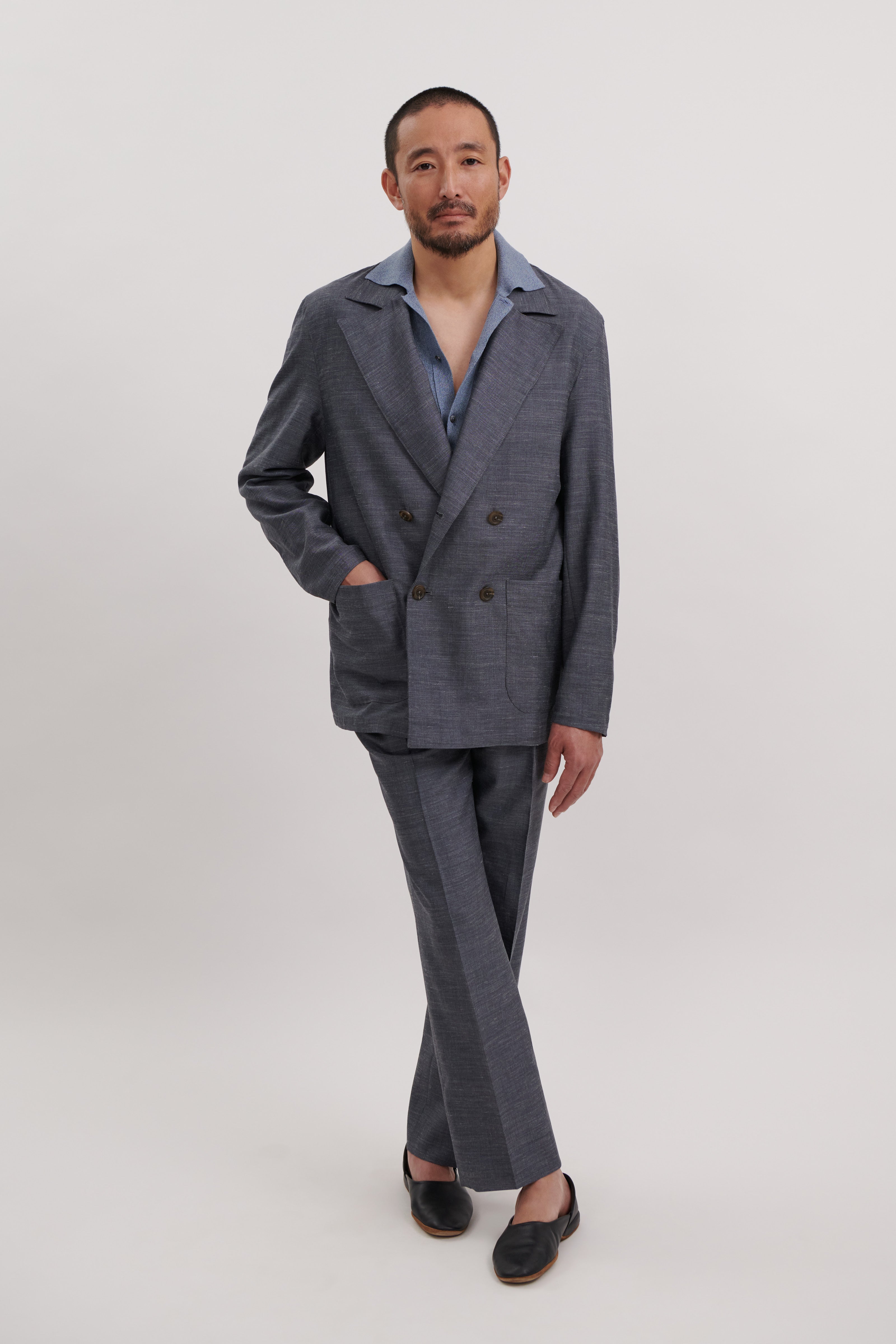 Double Breasted Shirt Jacket (Slate Wool Silk Linen Plain Weave)