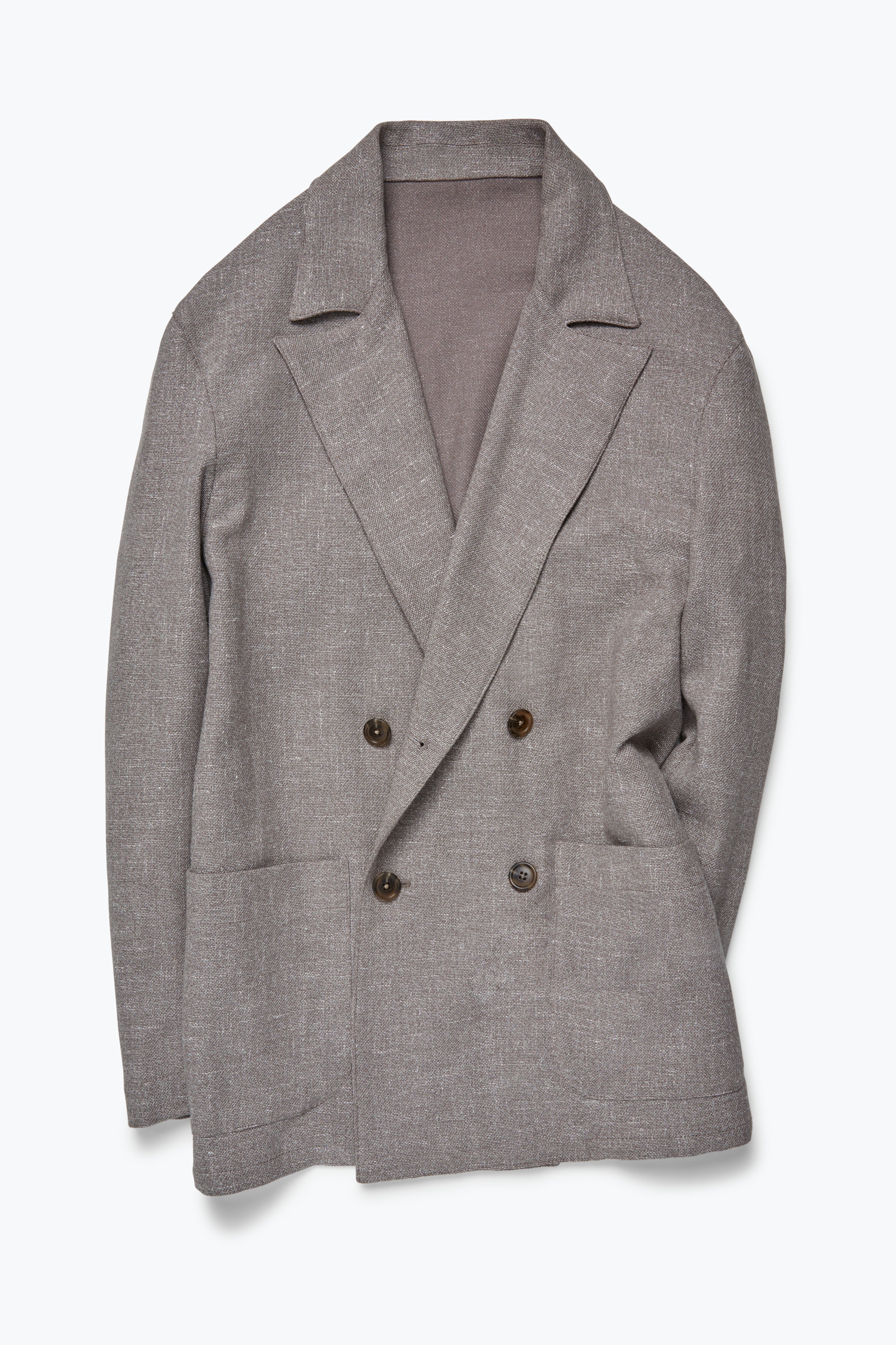 Double Breasted Shirt Jacket (Taupe Wool Linen Silk Basketweave)