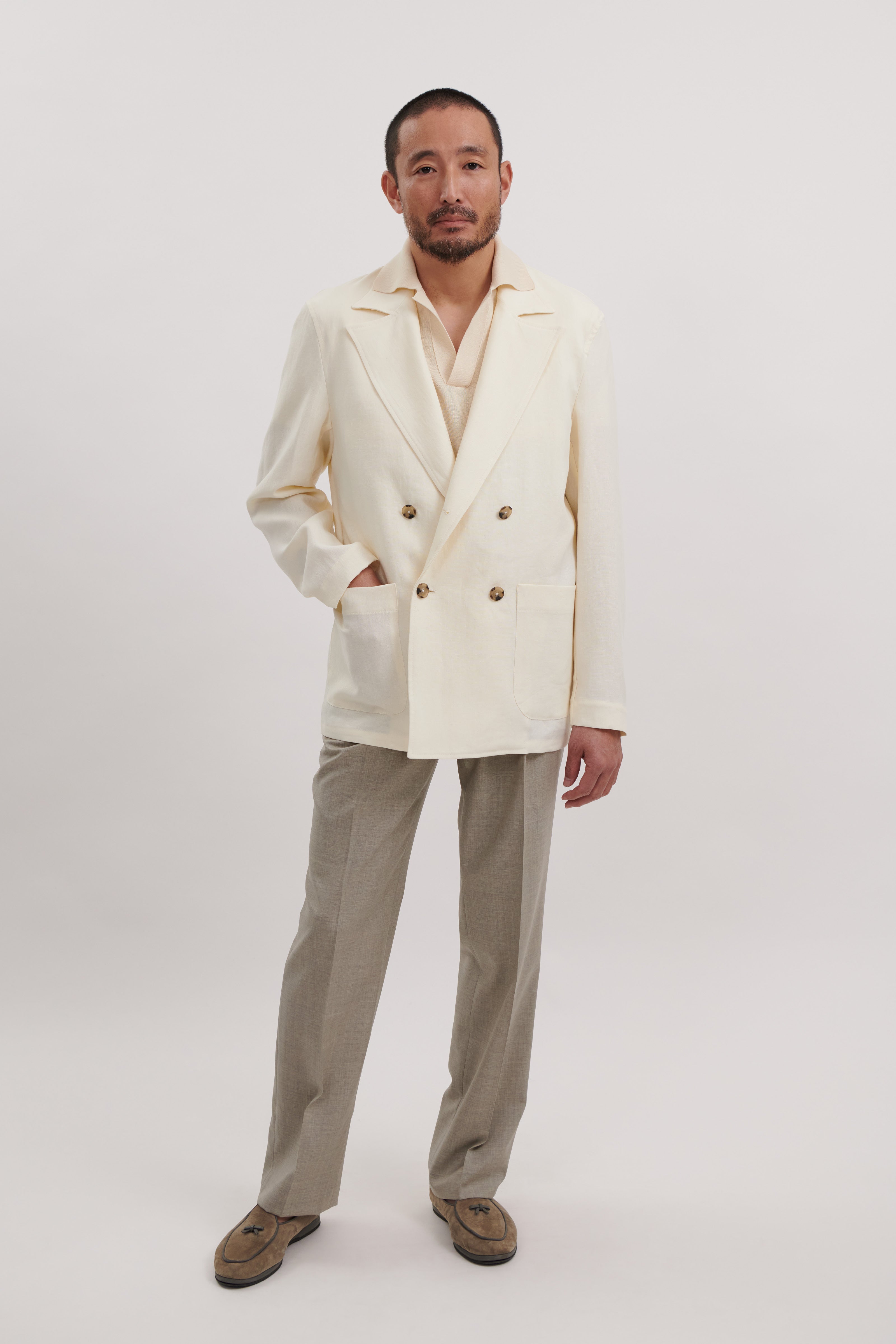 Double Breasted Shirt Jacket (Ivory Washed Linen)