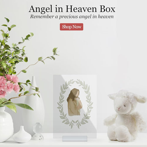 miscarriage gift - print of Jesus hugging baby angel with a plush toy and flowers