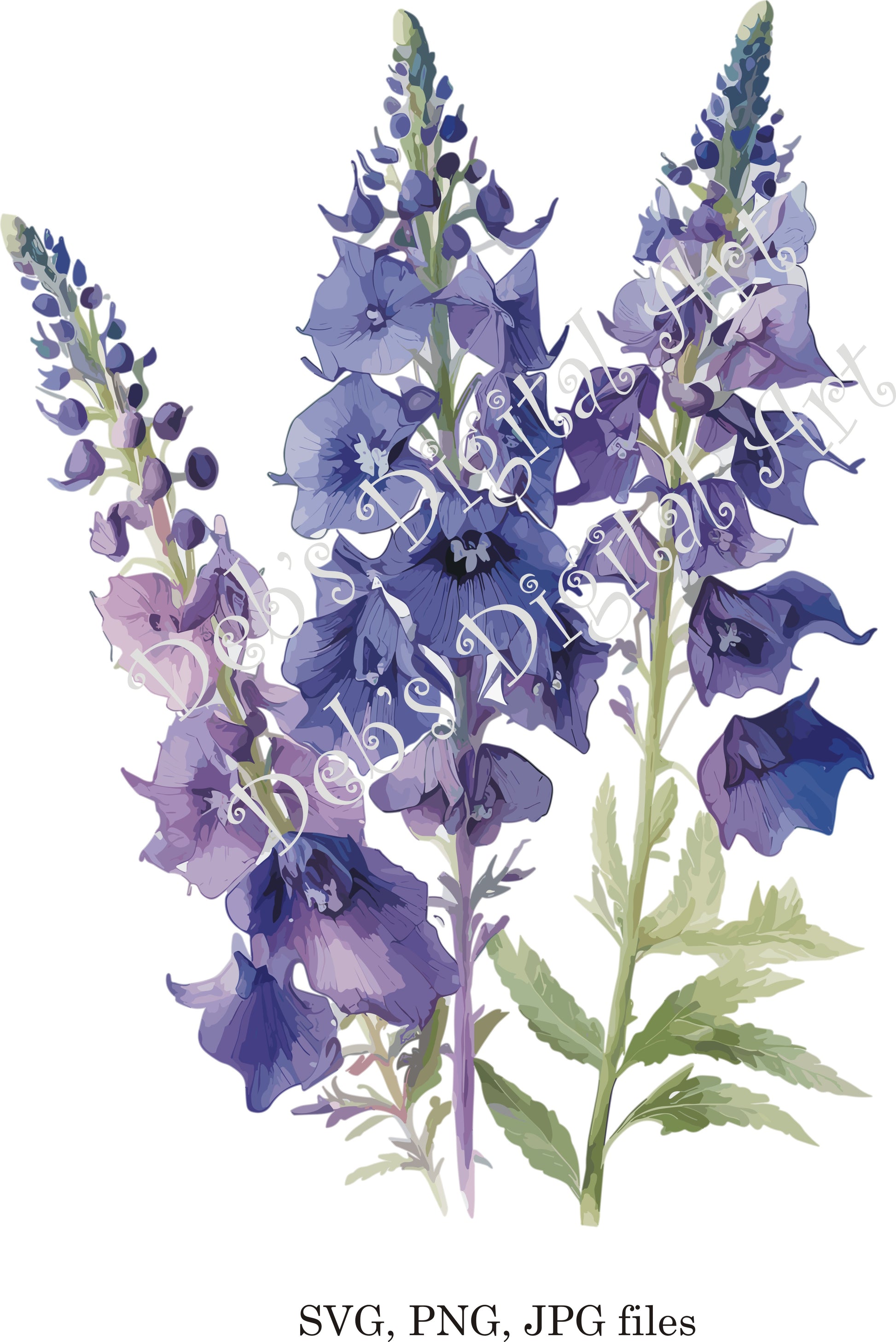 Watercolor botanical Delphinium Larkspur purple flower plant digital c ...