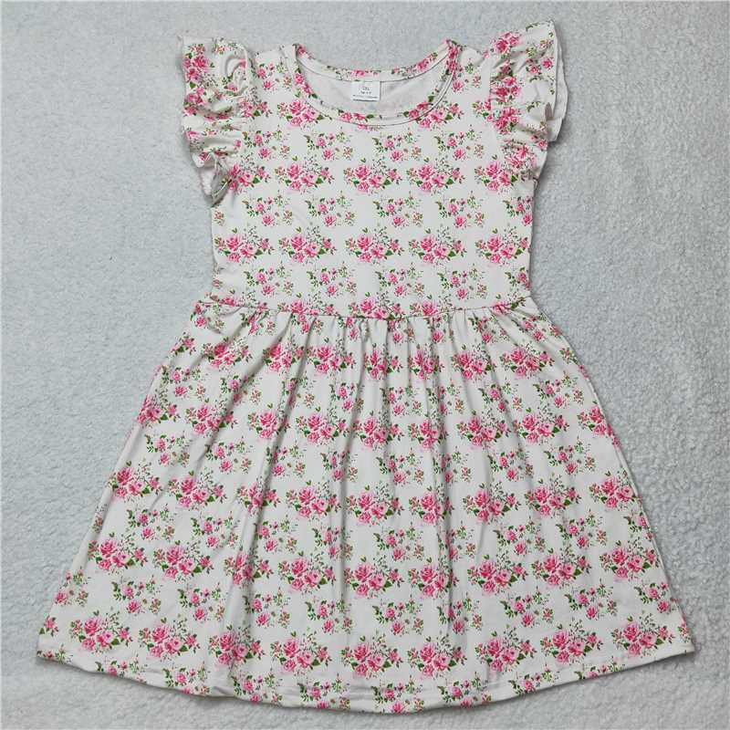 Pink floral green leaf white flying sleeve dress 粉色花绿叶白色飞袖裙