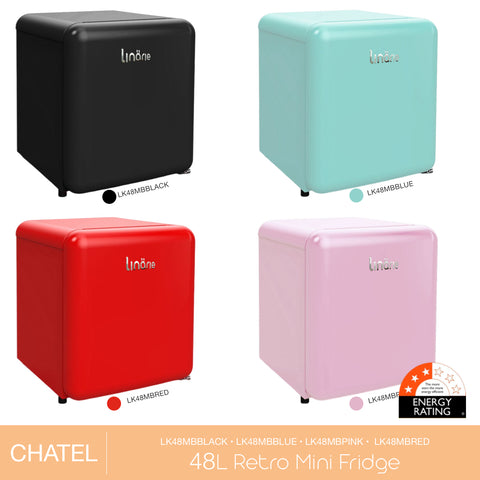 Linärie Appliances | Retro Mini Bar | Chatel | 48L Retro Mini Fridge Mini Bar with Built-In Freezer Compartment | Black LK48MBBLACK | Blue LK48MBBLUE| Pink LK48MBPINK | Red LK48MBRED 