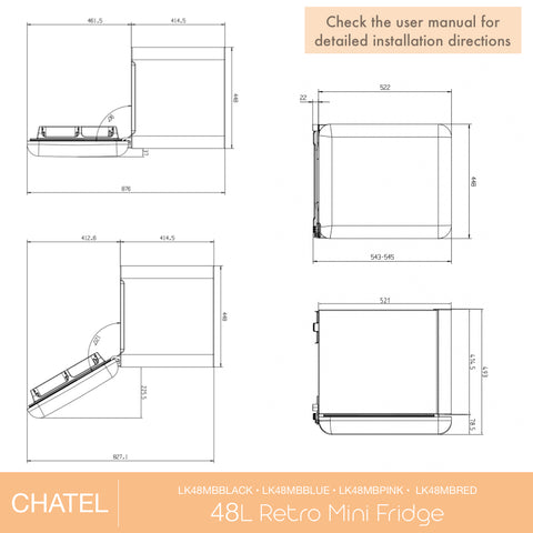 Linärie Appliances | Retro Mini Bar | Chatel | 48L Retro Mini Fridge Mini Bar with Built-In Freezer Compartment | Black LK48MBBLACK | Blue LK48MBBLUE| Pink LK48MBPINK | Red LK48MBRED 