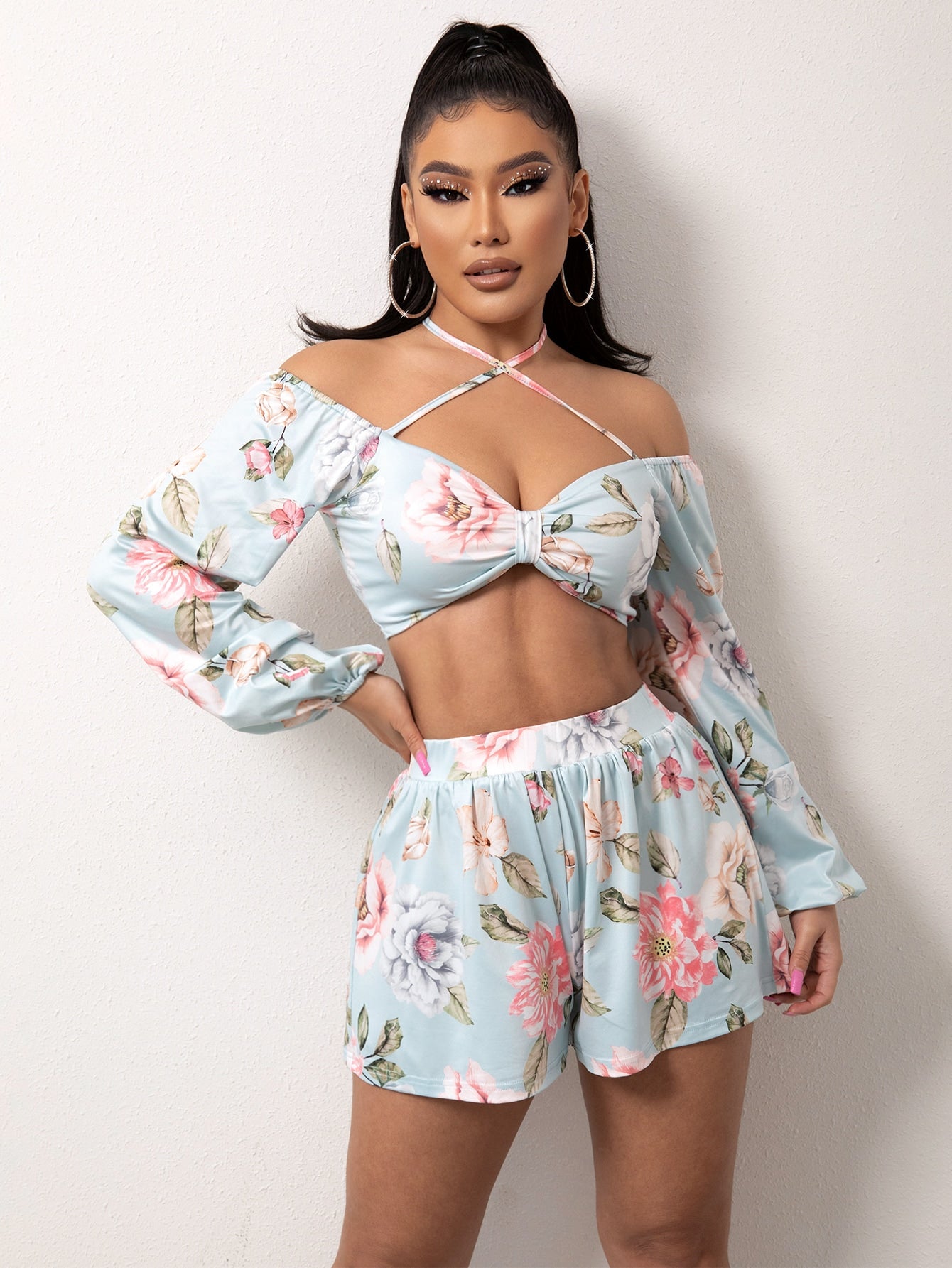 Floral Print Lace-Up Backless Crop Top and Shorts Set