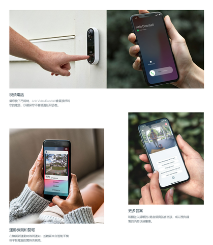 Arlo Video Doorbell 旨在捕獲傳統視頻門鈴無法捕獲的內容。在檢測到運動時得到通知，並在按下門鈴時通過電話接聽電話。     運動檢測 獲取即時電話警報     HDR高清視頻 捕捉更生動的細節     夜間視力 不用看就看清楚     180°可視角度在您家門口展示更多，捕捉訪客從頭到腳的畫面，或者放在地上的包裹 。     2路音頻聆聽並與訪客交談     耐候安全。專為承受高溫，寒冷，雨水或陽光而設計。     支援Apple HomeKit, Amazon Alexa, Google Assistant, IFTTT, Samsung SmartThings     APP 接收按鈴通知     可用手機遠距視訊電話     警報器功能阻嚇不速之客     查看歷史錄像及錄音 (需搭配 Arlo Smart 服務)     支援本地儲存 (需要搭配 Arlo 基站)