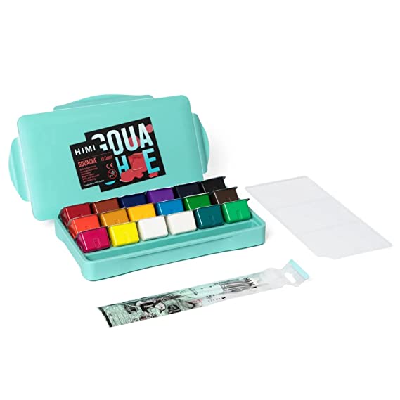 Ink Lab Himi Gouache Paint Set Jelly Cup 18 Vibrant Colors Non Toxic Paints with Portable Case Palette for Artist Canvas Painting Waterc