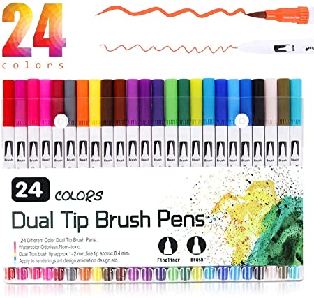 MODANU 24 Colors Brush Pens Art Markers Set, Fine and Brush Tip Colored  Dual Pen for Kid Adult Coloring Book Drawing Bullet Journal Planner  Calendar